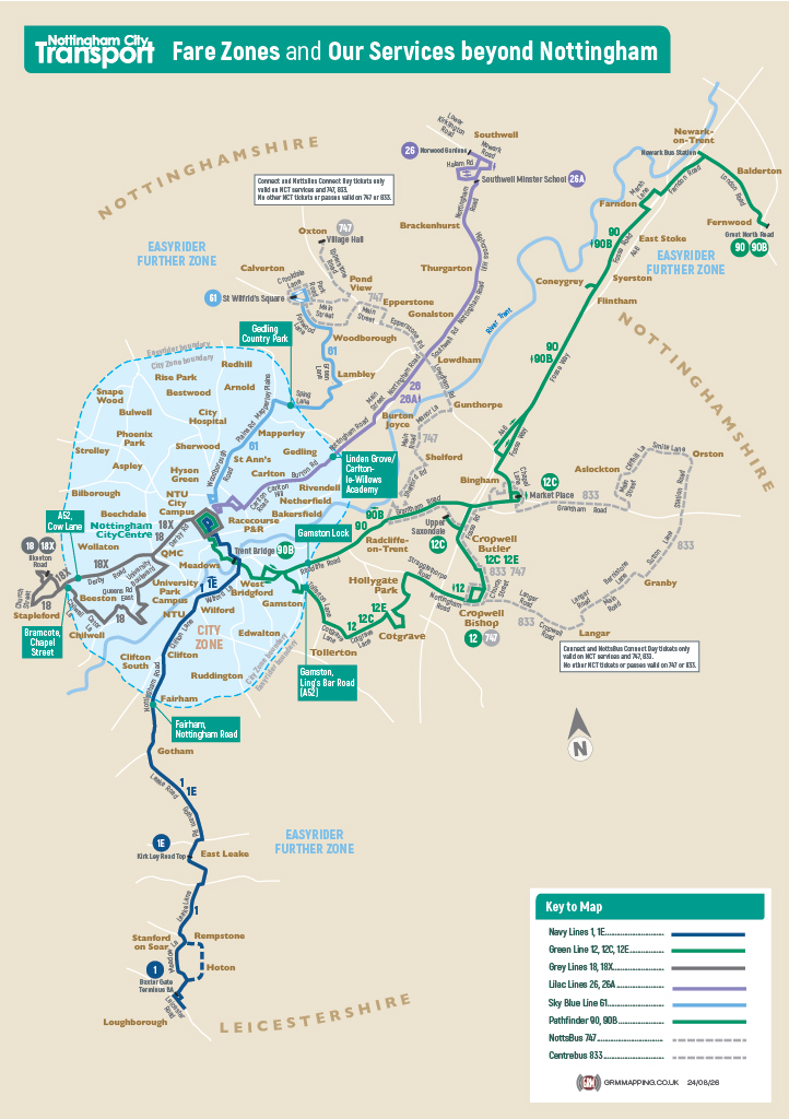 NCT Fare Zones and Our Services Beyond Nottingham.