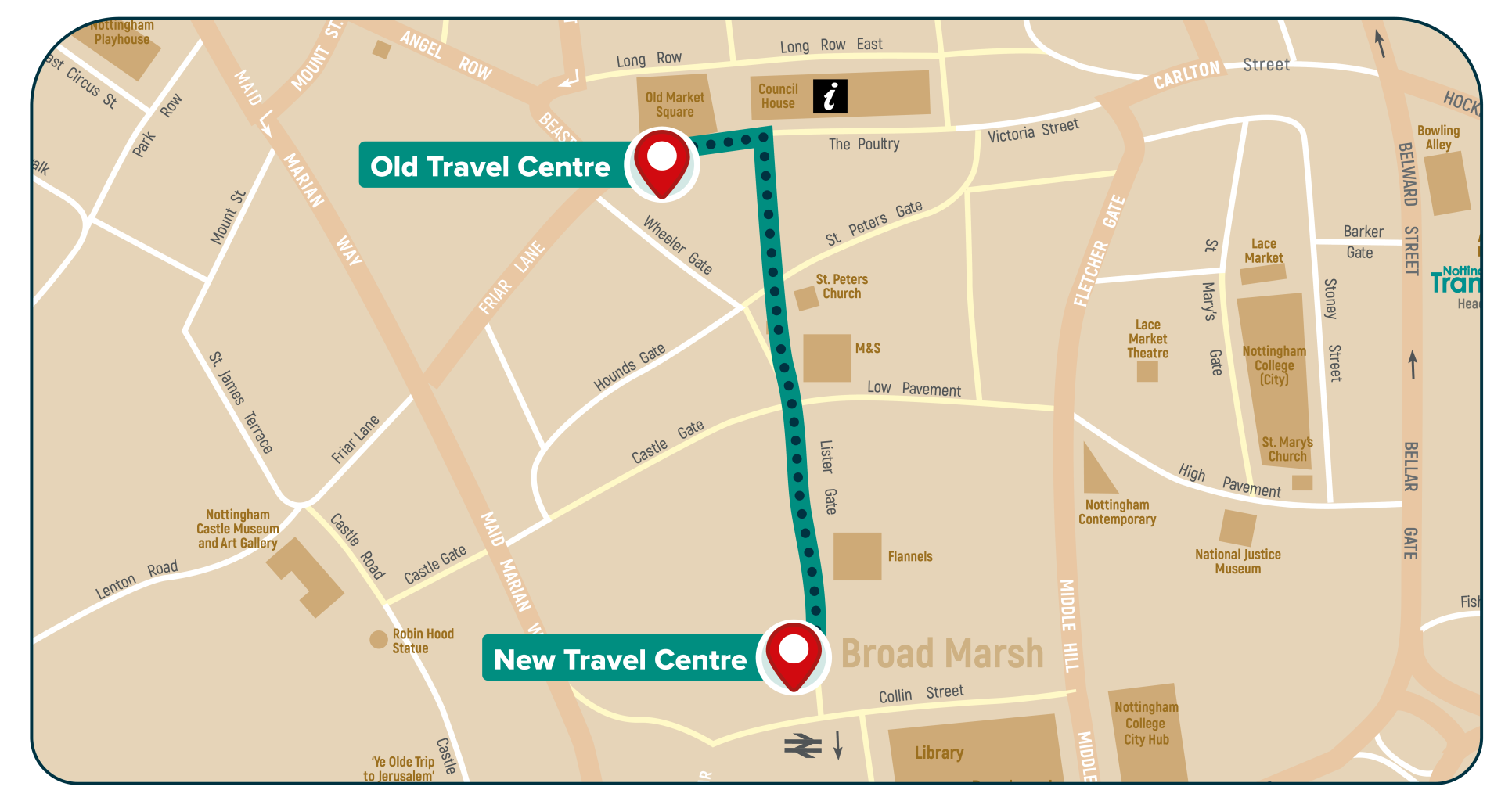 Route map from Old Travel Centre to New Travel Centre.