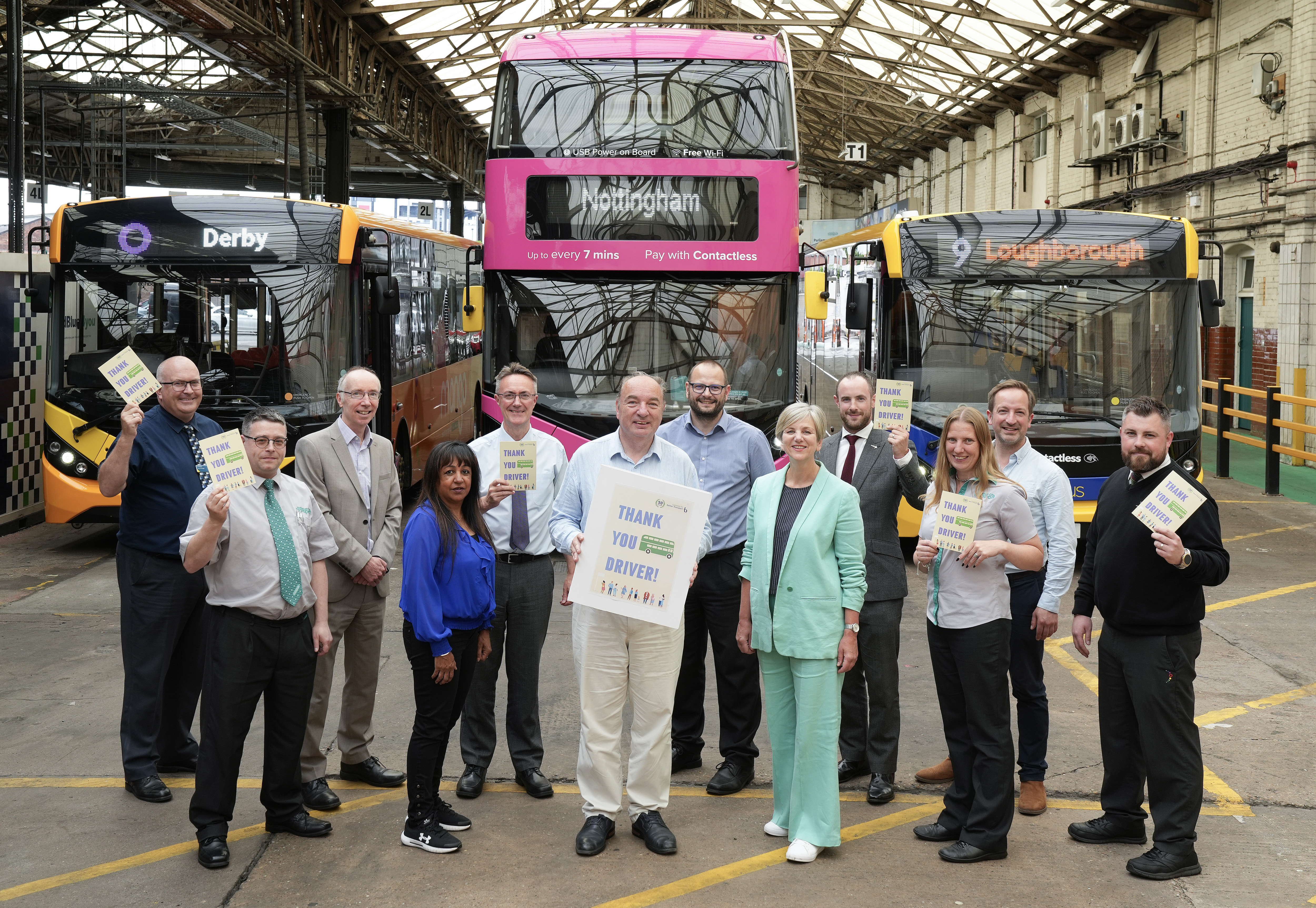 Photo of NCT, trentbarton and kinch buses with representatives from NCT, Campaign for Better Transport, trentbarton, kinchbus and Nottingham City Council