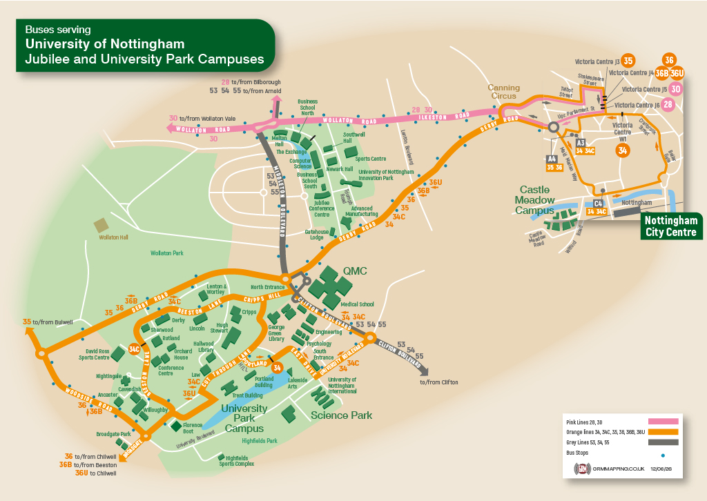 Map showing buses serving University of Nottingham campuses.