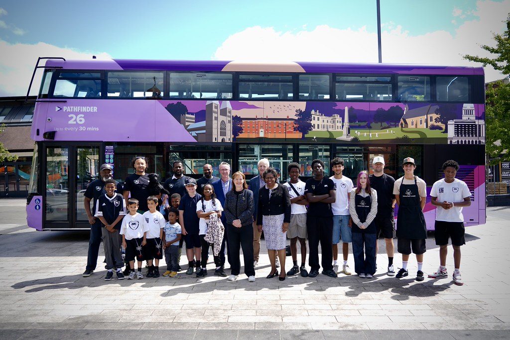 Group of local young people join Mayor Claire to launch free bus travel.