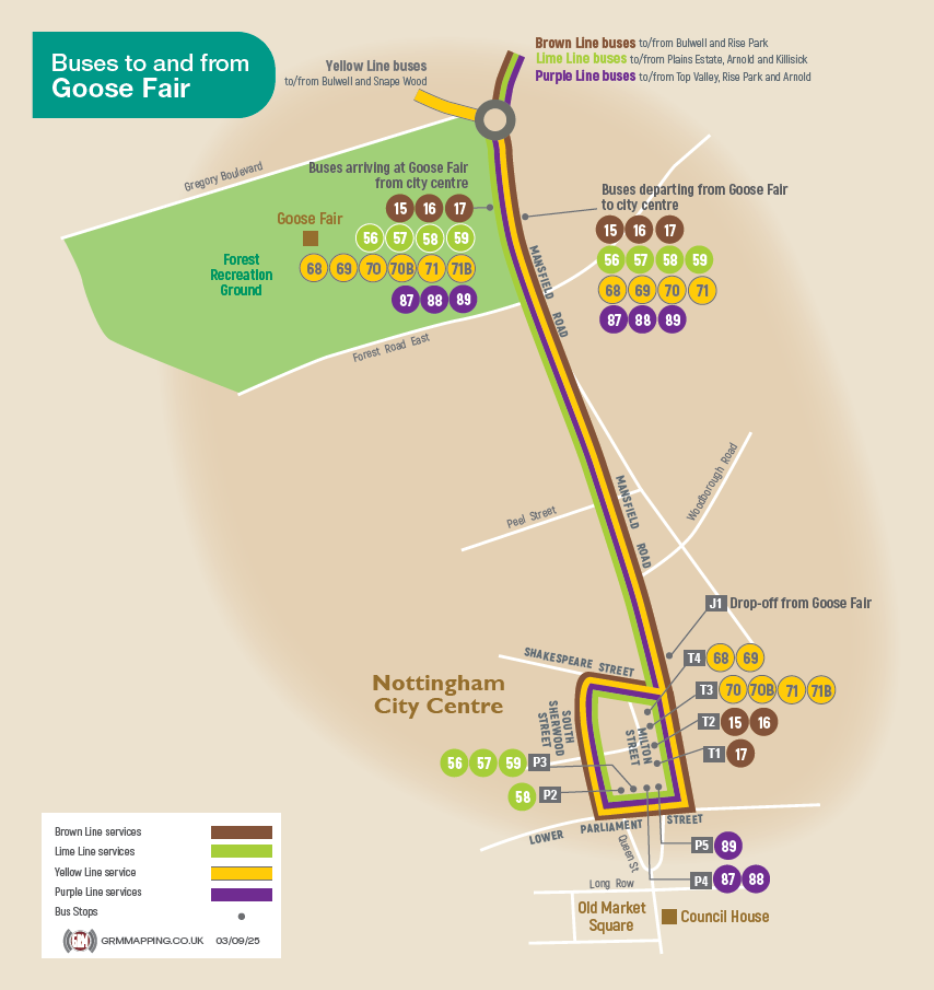 Map showing buses to and from Goose Fair.